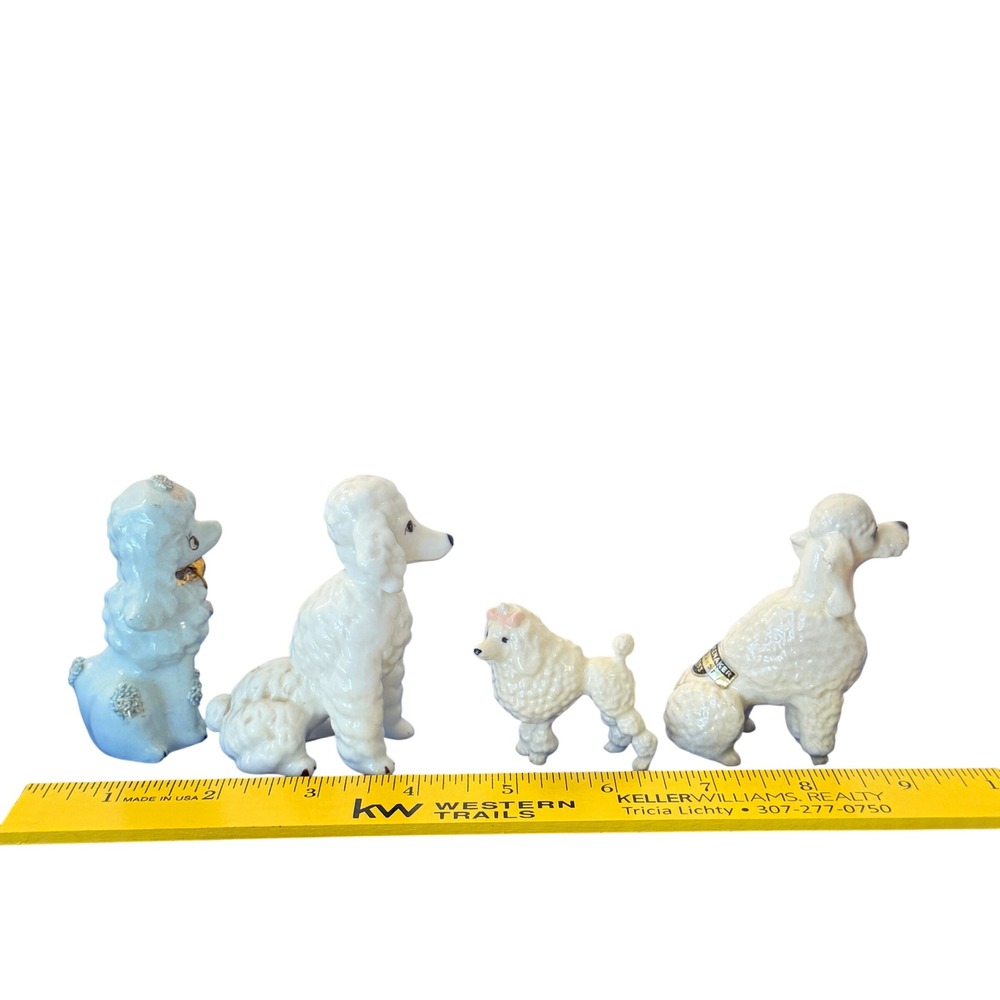 Vintage Ceramic Poodle Figurines Set of 4 Mid Century Spaghetti Blue White Dogs - Picture 2 of 16